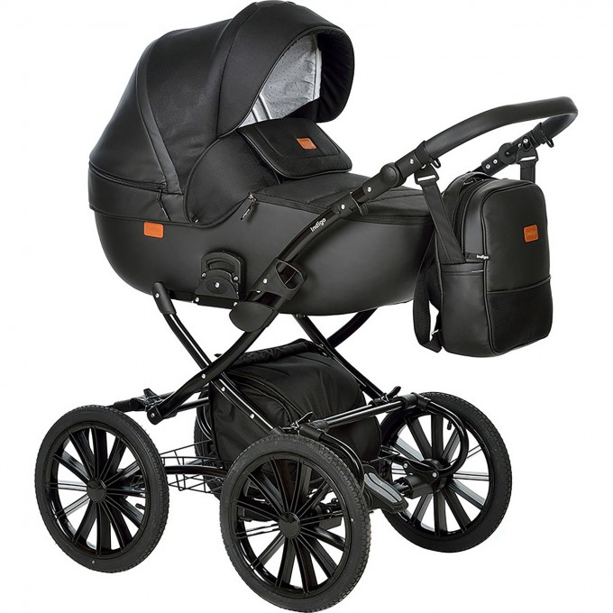 Коляска 2в1 INDIGO PORTO Classic 14 po 08 (черная кожа+черный узор) 5902719008450