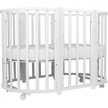 Кроватка INDIGO BORN 7 в 1 круглая/овальная, колеса / белый-белый